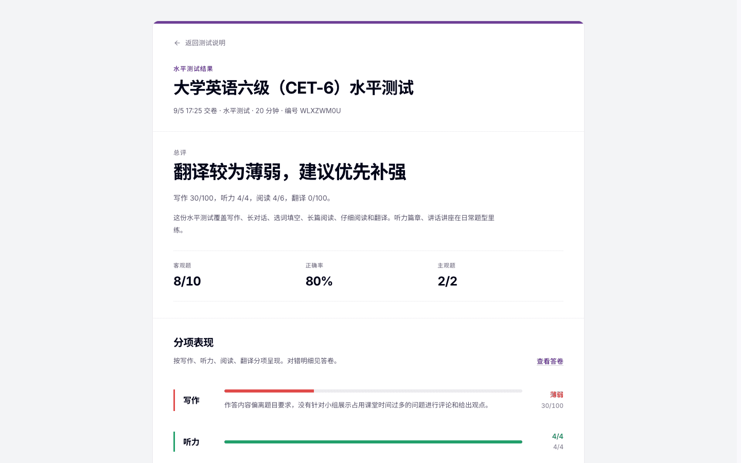 大学英语六级（CET-6）水平测试分项结果与交给小识