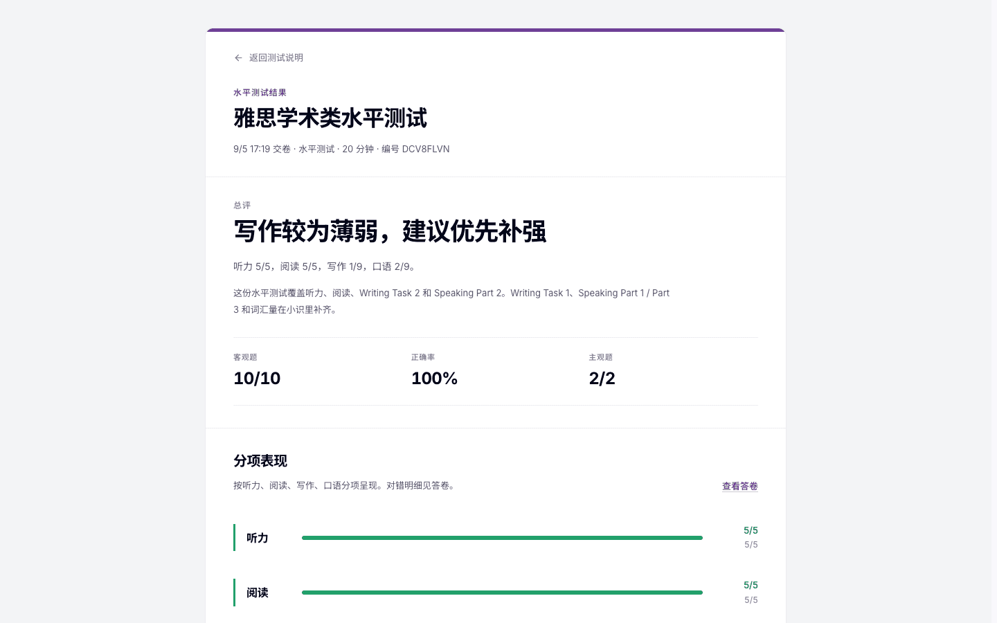 雅思学术类（IELTS Academic）水平测试分项结果与交给小识