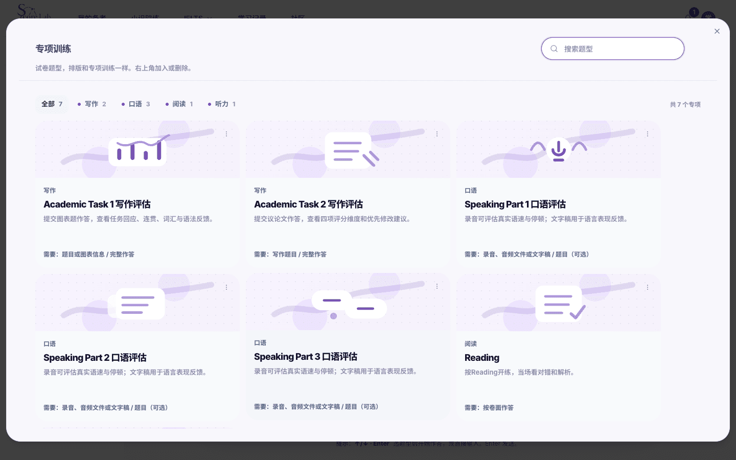 小识 + 专项训练箱，雅思学术类（IELTS Academic）试卷题型