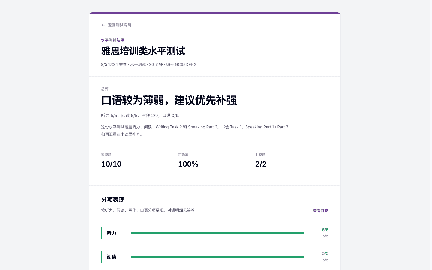 雅思培训类（IELTS GT）水平测试分项结果与交给小识