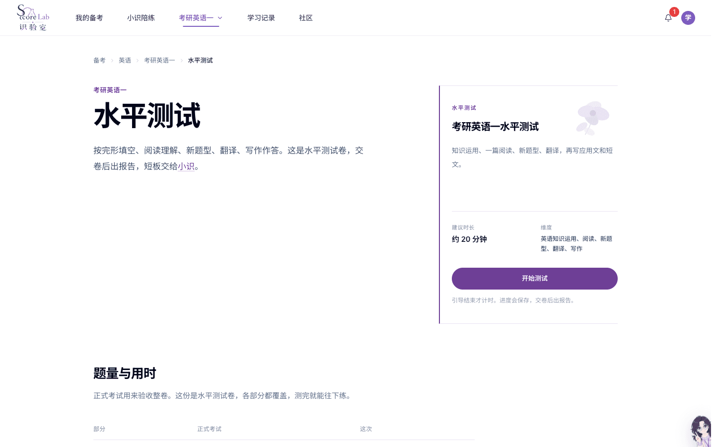 考研英语一（English I）水平测试说明与开始测试