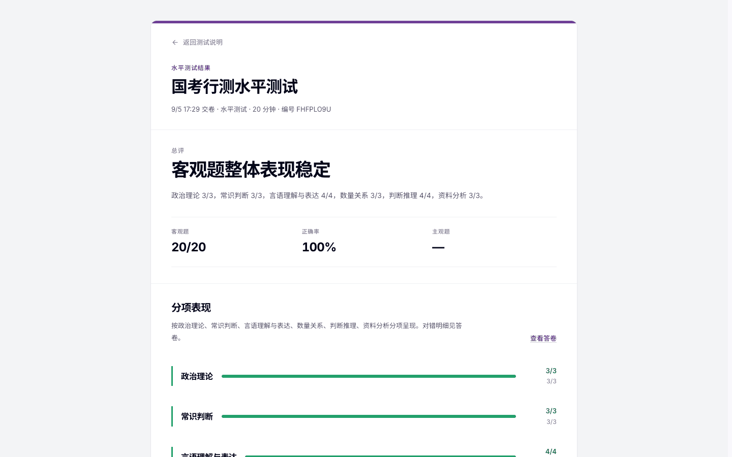 国家公务员考试(国考)的行政职业能力测验水平测试分项结果与交给小识